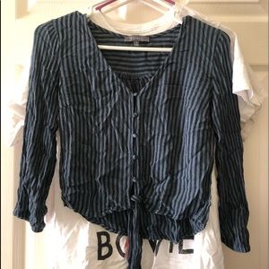 light/navy blue striped shirt, ties in the front